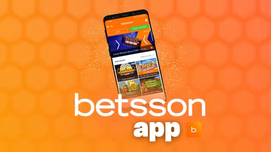 Imagen promocional de la Betsson Peru App mostrando un teléfono móvil con la interfaz de la aplicación, sobre un fondo naranja con el logotipo de Betsson y el texto 'Betsson app'